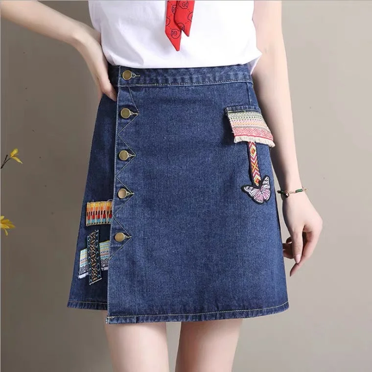 Denim-skirt A-line skirt, new style, high waist skirt, vintage embroidery skirt  3607 linen skirt relaxed