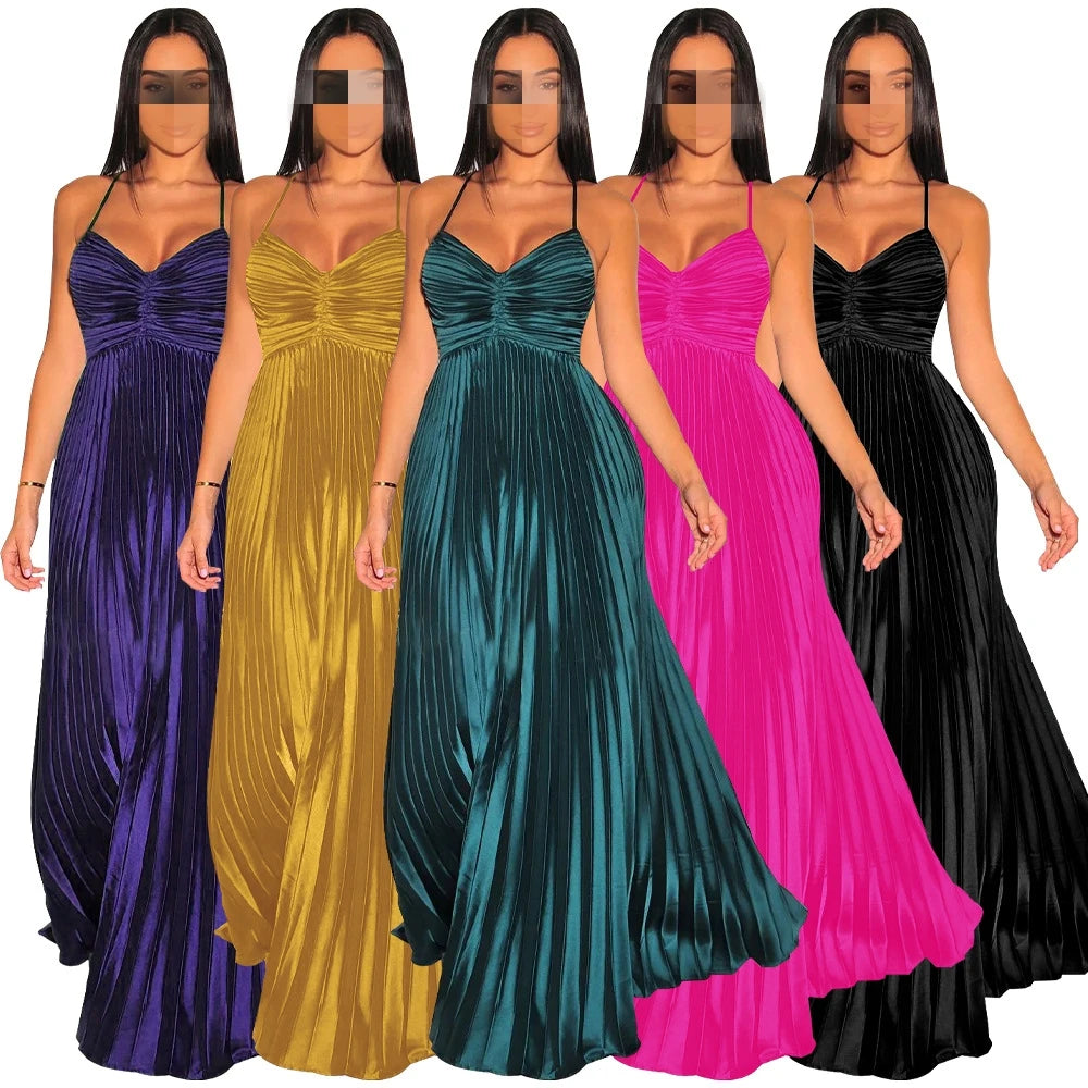 K10679 Hot Selling Summer Women Deep Neck Sexy Backless Cross Slip Dress Gradient Pleated Prom Evening Party Long Dresses Tunics Versatile all-occasion