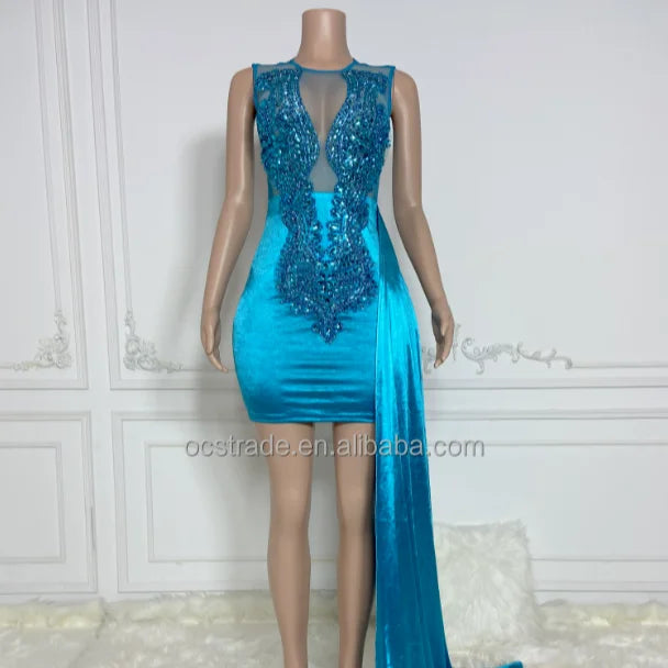 Ocstrade In Stock Ladies Birthday Dresses Beaded Evening Dresses Side Hem Shiny Fishnet Rhinestone Bodice Party Club Dress Sexy Tunics Ceremony elegant