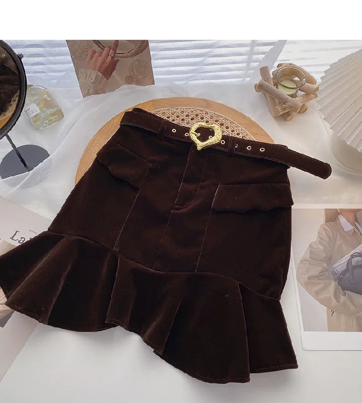 Golden velvet high waist A-shaped fishtail skirt for women  5384 linen skirt light