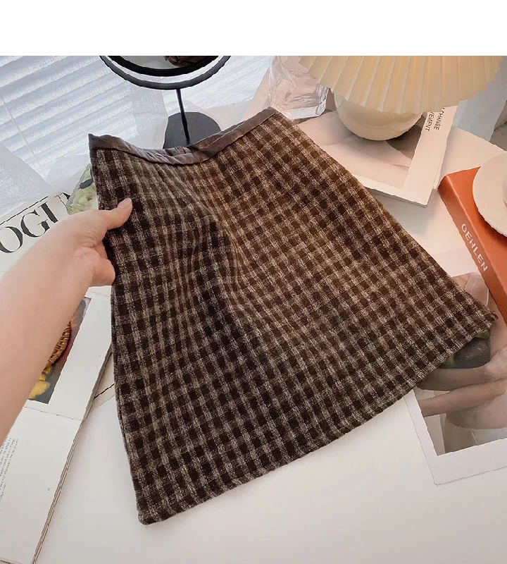 High waist wrap buttock woolen skirt shows thin Plaid A-line skirt  5347 linen skirt natural