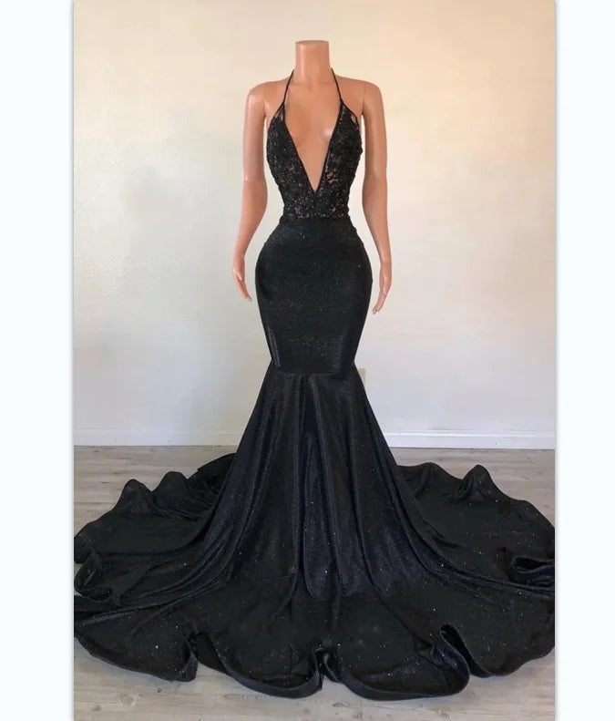 Ocstrade Spaghetti Strap Plunging V Neck Backless Evening Dress Black Lace Glitter Glossy Trumpet Long Train Prom Dresses 2023 Tunics Occasion special