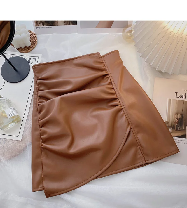 Korean high waist pleated design, irregular, slim, hip wrapped leather skirt  5530 leather skirt sleek