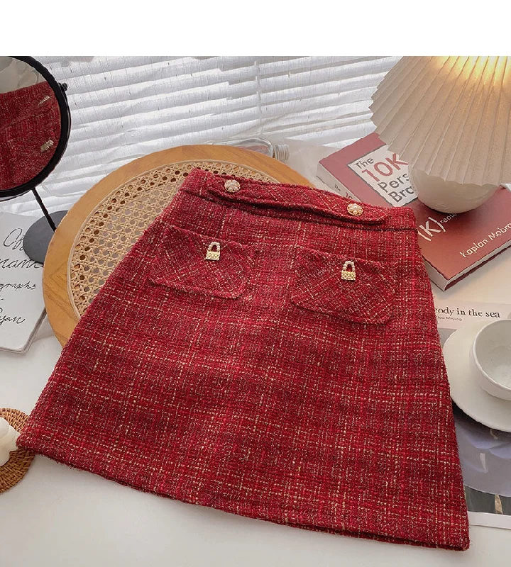 Bright silk tweed short skirt women's Retro Plaid high waist A-shaped skirt  5510 lace skirt delicate