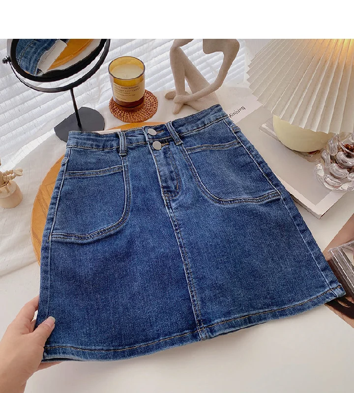 Denim skirt design small pocket high waist A-line casual skirt  5389 silk skirt elegant