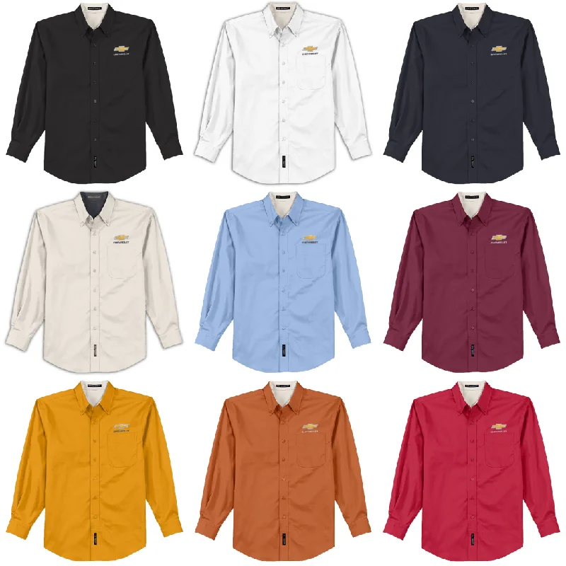 Chevrolet Gold Bowtie Long Sleeve Easy Care Dress Shirt Tunics Travel practical