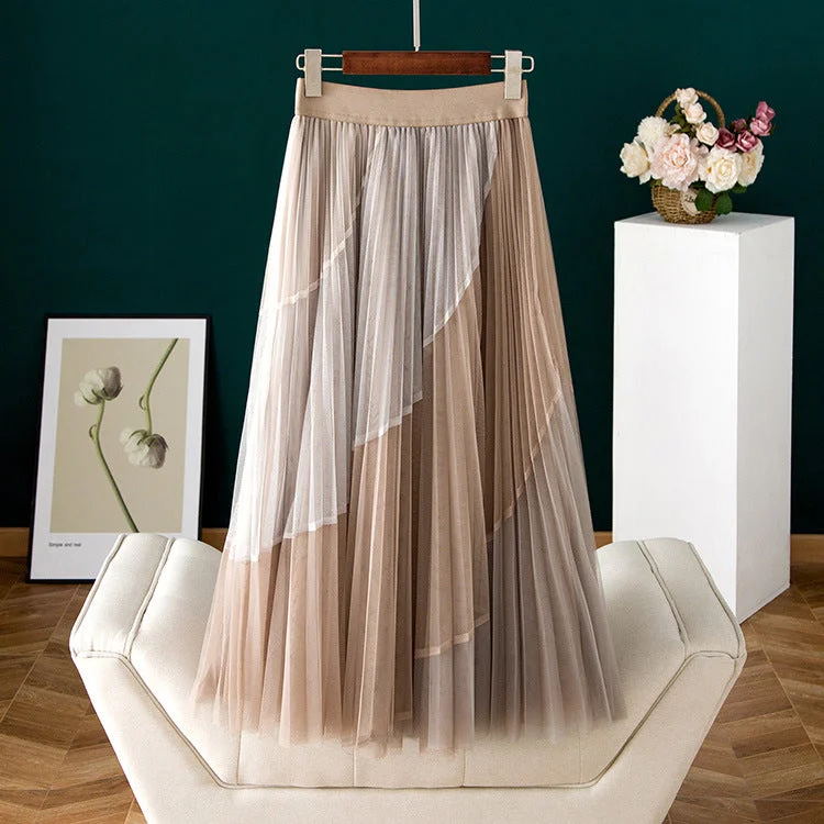 New color mesh gauze skirt, matching color splicing pleated skirt  3702 linen skirt relaxed