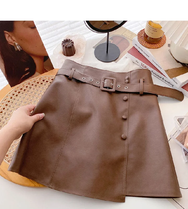 Korean fashion irregular button high waist thin wrap hip leather skirt  5532 lace skirt romantic