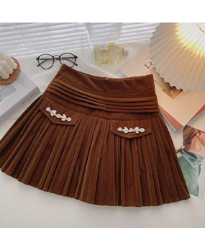 Golden velvet skirt, small design, decorative high waist A-line skirt  5334 slim fit skirt