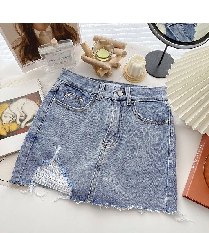 Denim bag hip short skirt personality hole high waist A-line skirt  5366 linen skirt airy