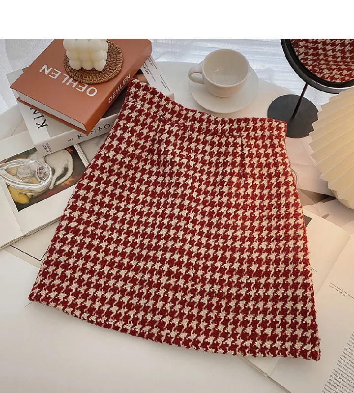 Retro Hong Kong flavor thousand bird lattice thin short skirt women's wear  5297 cashmere skirt soft