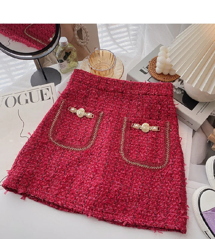 Small fragrant woolen skirt, Hong Kong Style Plaid high waist A-shaped short skirt  5363 denim skirt casual