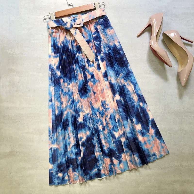 Hot skirt, tie-dyed splashed ink, printed belt, long pleated skirt in the stars  3691 lace skirt romantic