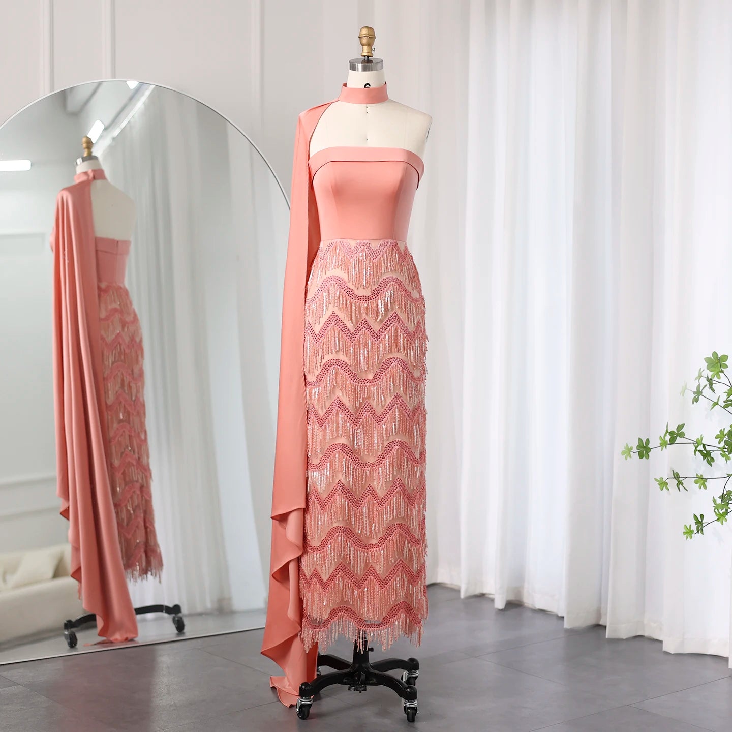 Arabic Coral Pink Tassel Evening Dress With Scarf 2024 Elegant Strapless Dubai Women Wedding Party Gowns Sz460 Tunics Cozy comfortable