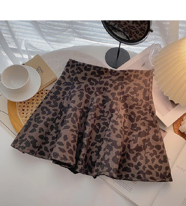 Design sense personalized zipper high waist A-line leopard skirt  5315 ruffled skirt detail