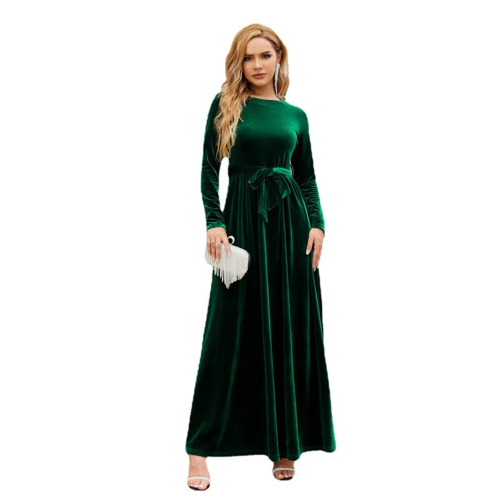 Spring Autumn Hot Sale Velvet Full Sleeve Back Zipper Women Long Casual Dresses Belt Temperament Dress Tunics Wedding white