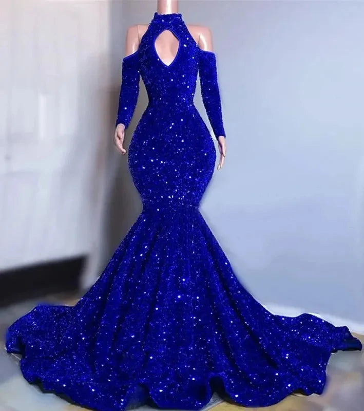 Ocstrade Sparkly  Long Train Dresses For Women Party Wedding Evening Off Shoulder Royal Blue Sequin Long Sleeves Prom Dress 2023 Tunics Winter warm