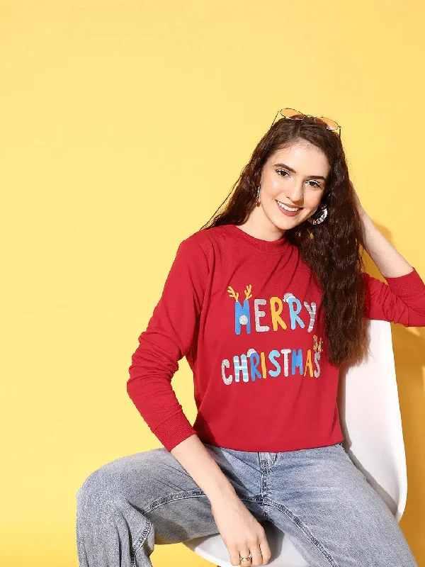 Women Red Terry MERRY CHRISTMAS Sweatshirt Hoodie with Cropped Fit Short Trendy