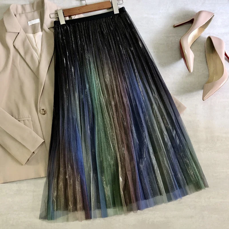 Spring and summer new style, bright silk skirt, rainbow gradient net gauze skirt  3707 chiffon skirt lightweight