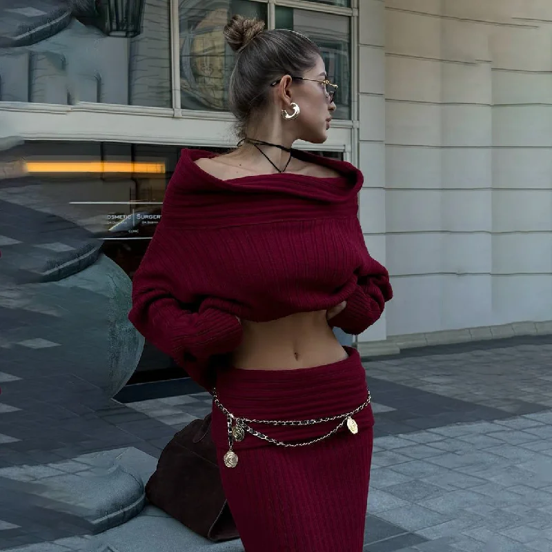 Wjczt outfit ideas winter off-Shoulder Sexy High-Grade Woolen Top Skirt Suit Autumn and Winter Lazy Hot Girl Fashion Two-Piece Suit asymmetrical skirt cut