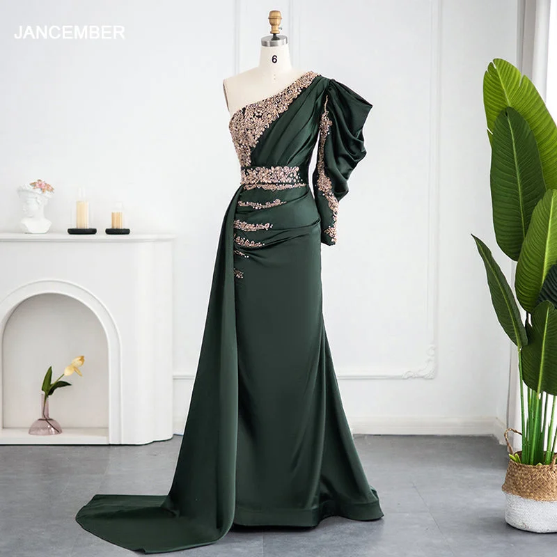 Lscz156 Emerald Green One Shoulder Mermaid Evening Dress Long Sleeve Beaded Elegant Women Formal Prom Dresses For Wedding Party Tunics Handmade artisanal