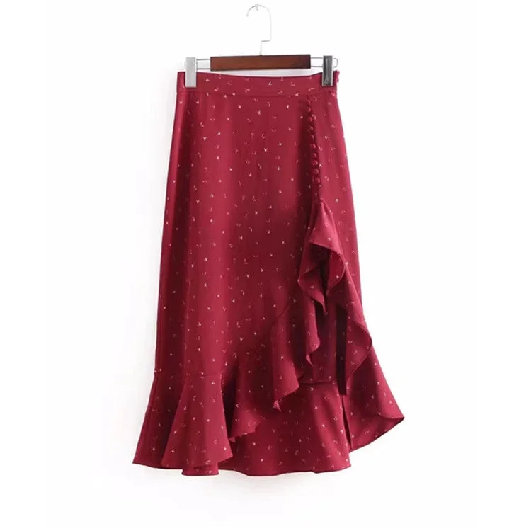 High waisted, looseflouncesprinted irregular MIDI skirt  3716 corduroy skirt cozy