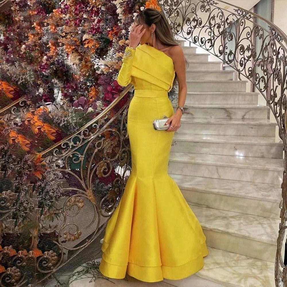 Arabic Elegant One Shoulder Mermaid Yellow Evening Dresses for Women Wedding Party 2024 Dubai Blue Formal Gown SF014 Tunics Stylish elegant