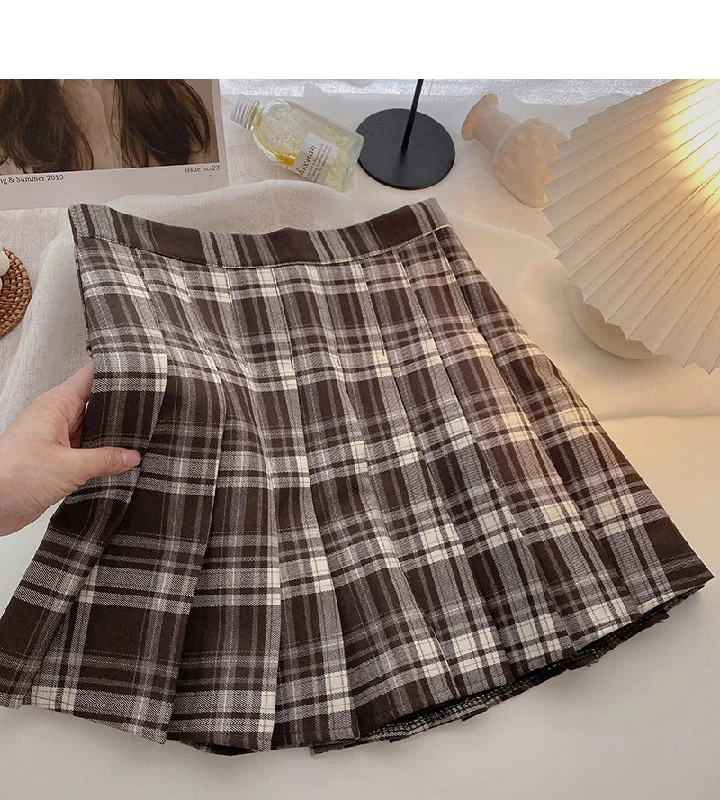 Japanese retro age reducing Plaid high waist pleated skirt  5426 low waist skirt