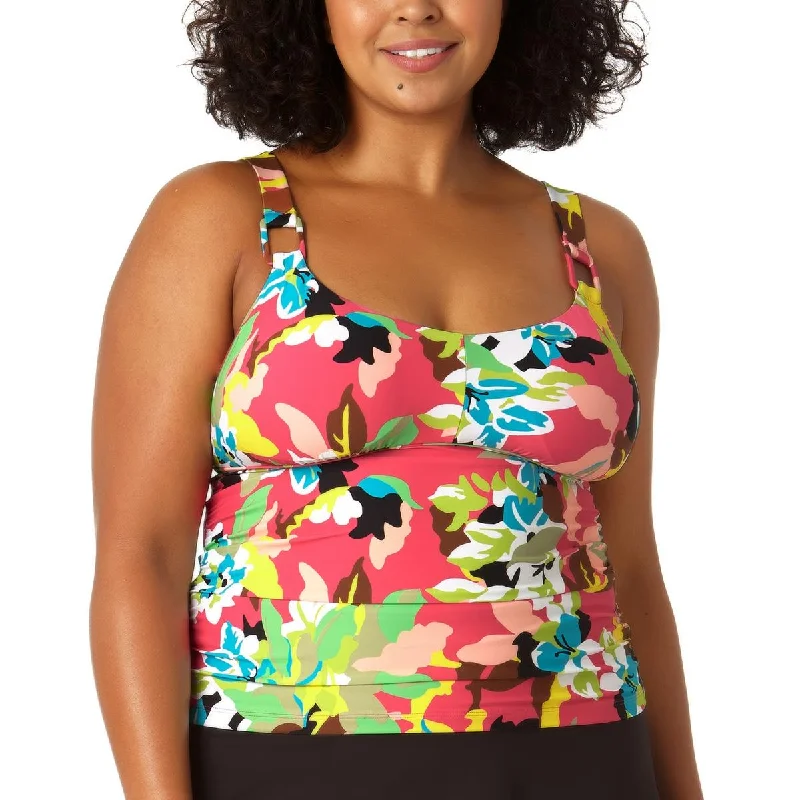 Womens Floral Print Banded Tankini Swim Top navy tank top