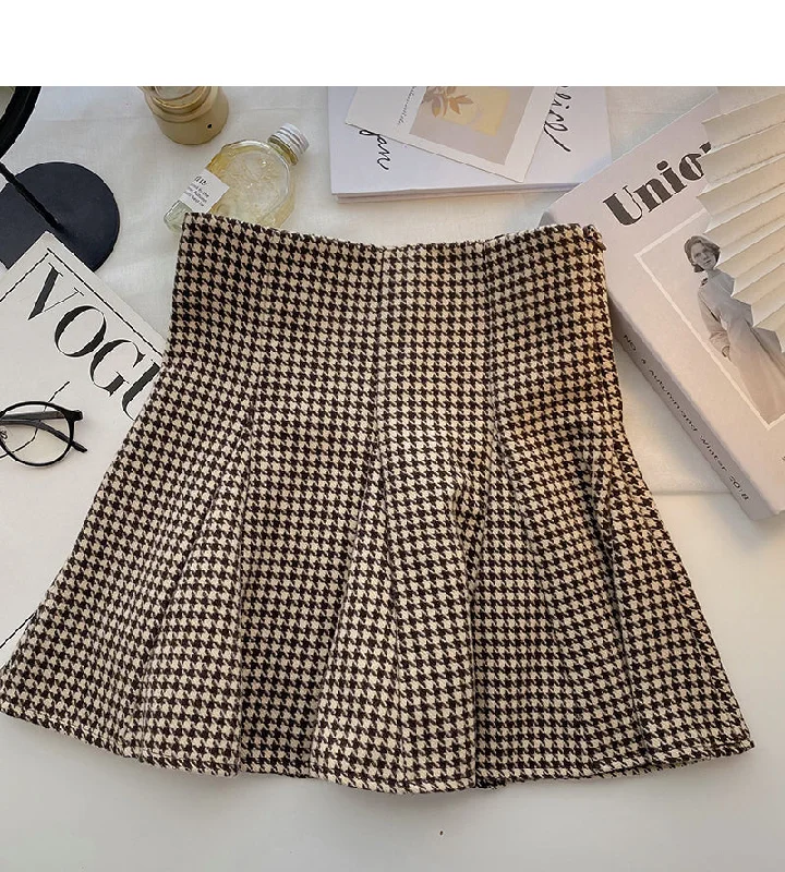 Design sense of niche Hong Kong style high waist thousand bird check skirt  5299 silk skirt lustrous