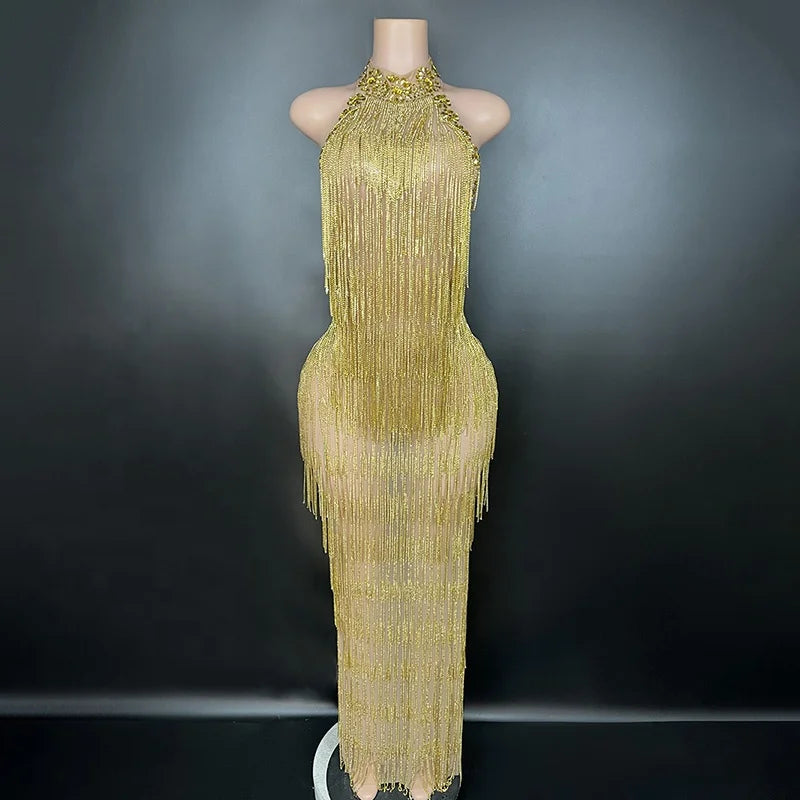 Novance Y2336 trending products 2024 new arrivals women gold luxury long gown evening dress gold high neck tassel  dress women Tunics Summer linen