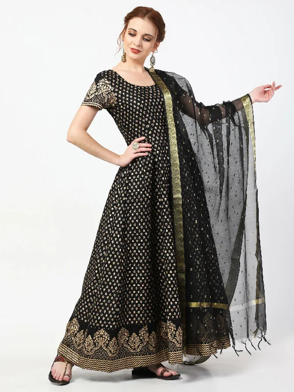 Cheera Women's Black Cotton Hand Block Print Long Dress With Silk Dupatta Set Tunics Lace romantic