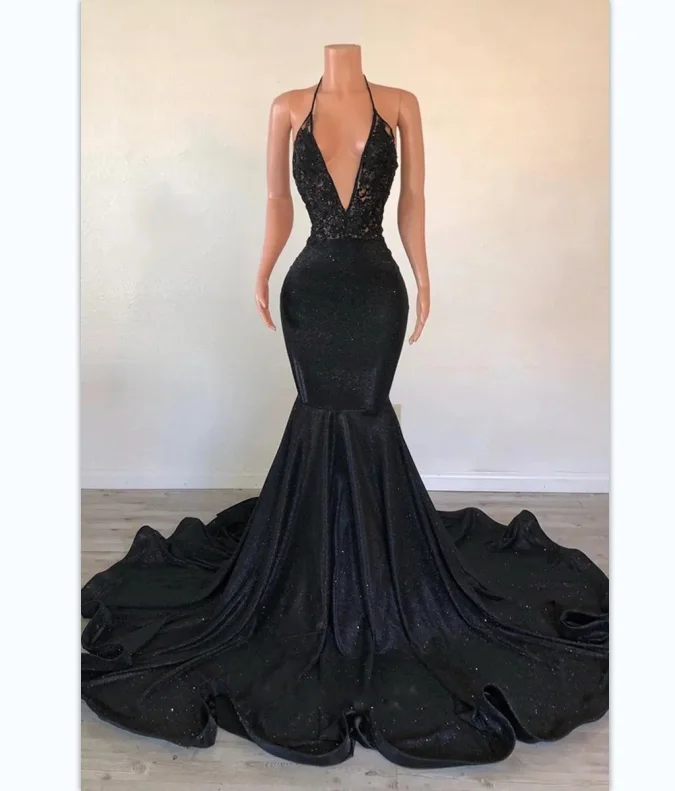 Ocstrade Spaghetti Strap Plunging V Neck Backless Evening Dress Black Lace Glitter Glossy Trumpet Long Train Prom Dresses 2023 Tunics Velvet soft