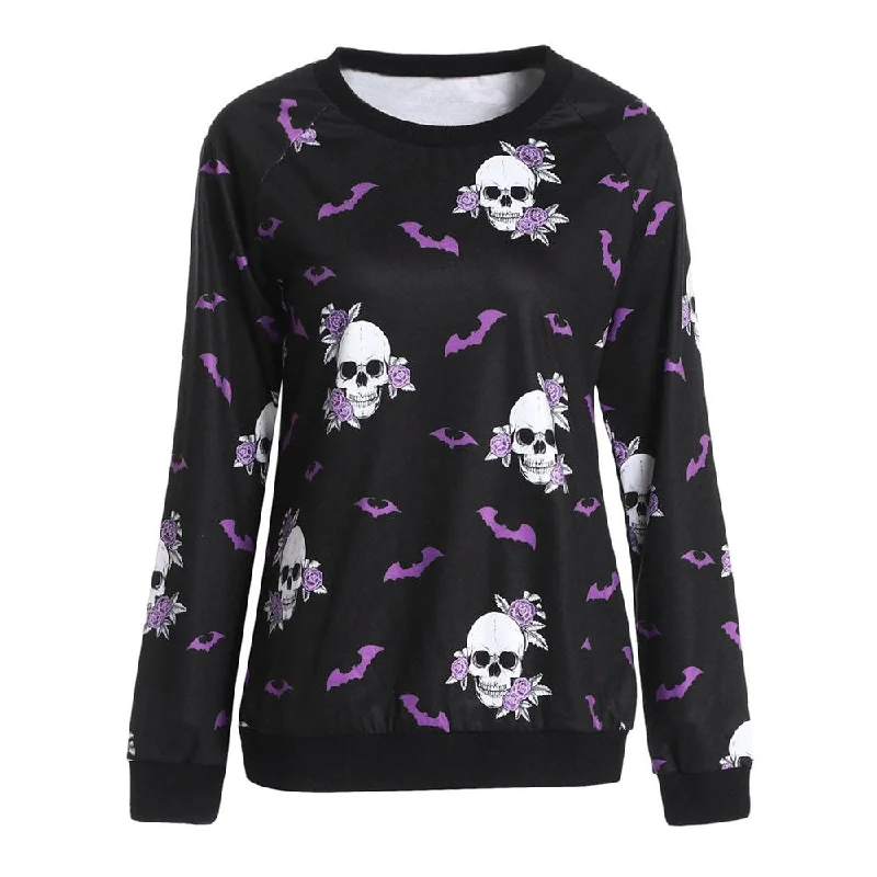 Jumper Women Tracksuits Sportswear2021 Winter New Fashion Halloween Crew Neck Long Sleeve Terror Bat Skull Print Sweatshirt Hoodie with Longline Fit Extended Stylish