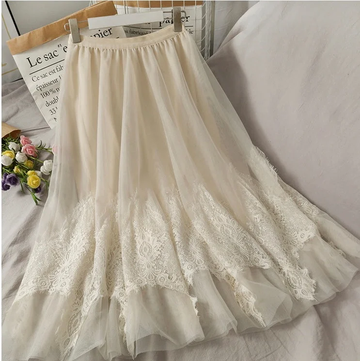 Sweet wind, embroidered medium length, high waist lace skirt  3617 chiffon skirt flowing