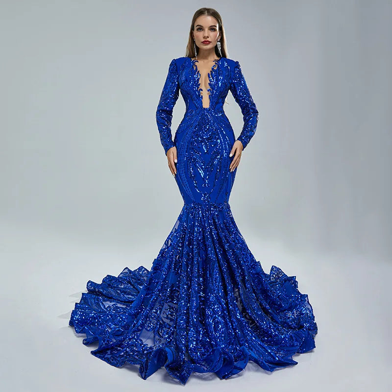 Ocstrade Sparkly Sequin Mermaid Black Girl Royal Blue Prom Dresses Long Sleeve Sheer Plunging Neck Evening Ball Gown Prom Dress Tunics Formal black