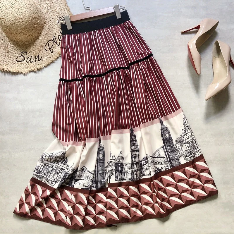 castle print A-line skirt MIDI skirt  3695 wool skirt sturdy