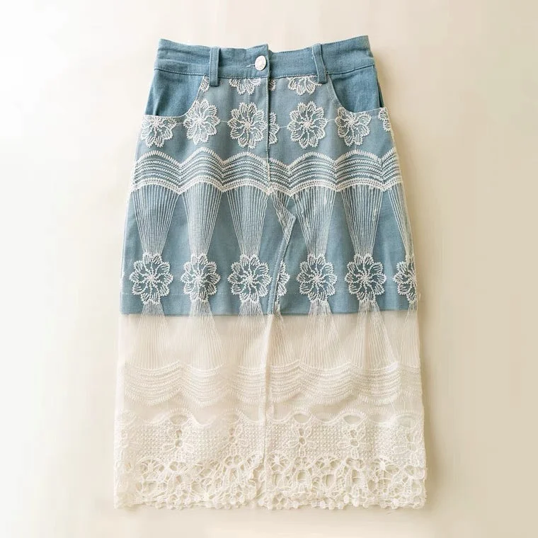 Summer style, literature and art, fashion, small fresh denim skirt, lace mesh splicing  3622 corduroy skirt textured