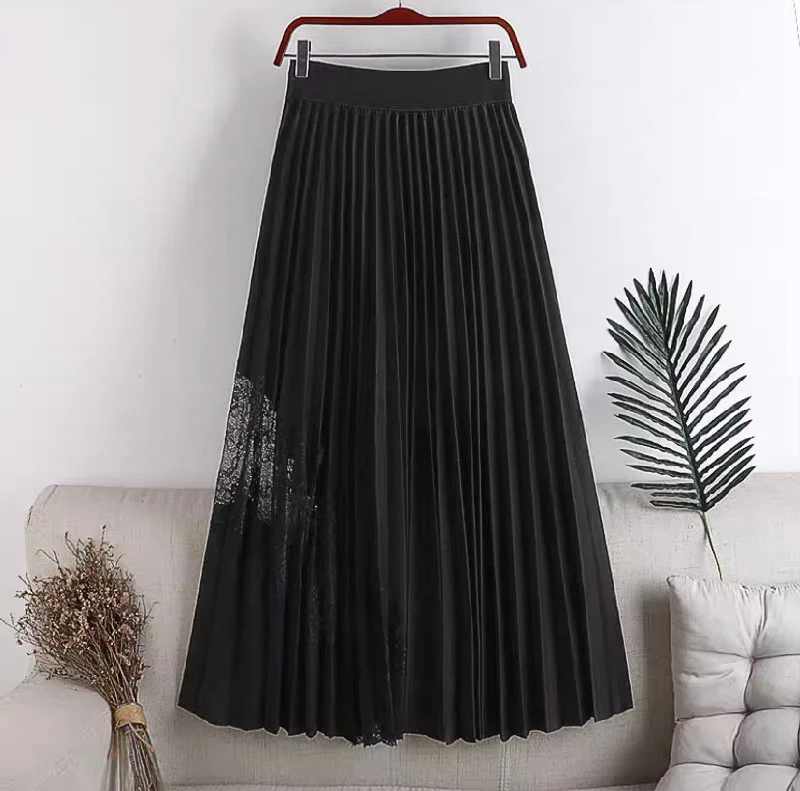 New style, high waist, large swing, elastic waist, pleated spliced lace mid-length skirt  3624 chiffon skirt delicate