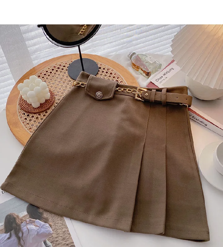 Small design retro chain high waist A-line skirt with belt  5458 leather skirt durable