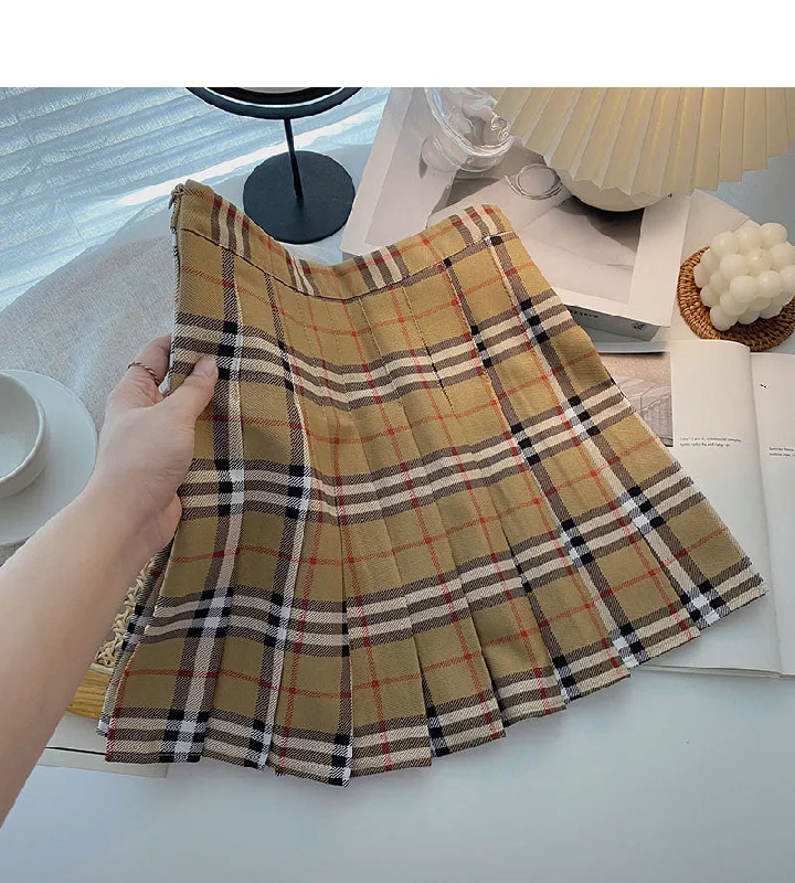 Plaid pleated skirt women's age reducing high waist A-line skirt  5435 ribbed skirt waist