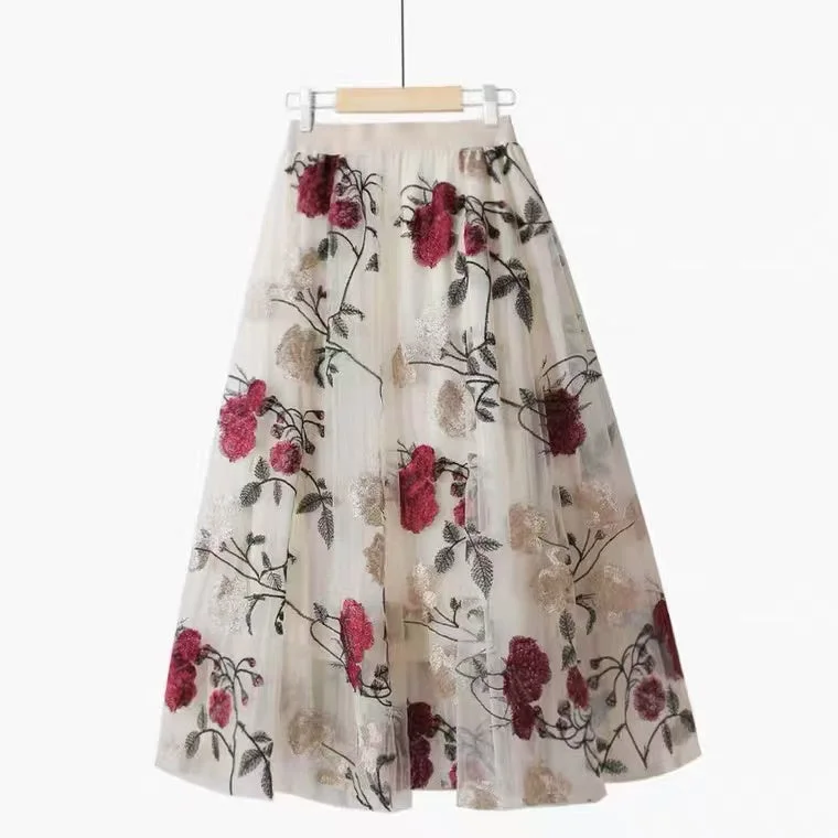 Embroidered large flowers, stylish, sweet mesh midi fairy skirt  3632 chiffon skirt floaty