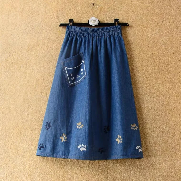 Spring and summer, new ,denim skirt, cute cat embroidery, high waist big swing mid-length skirt, A-line skirt  3611 silk skirt smooth