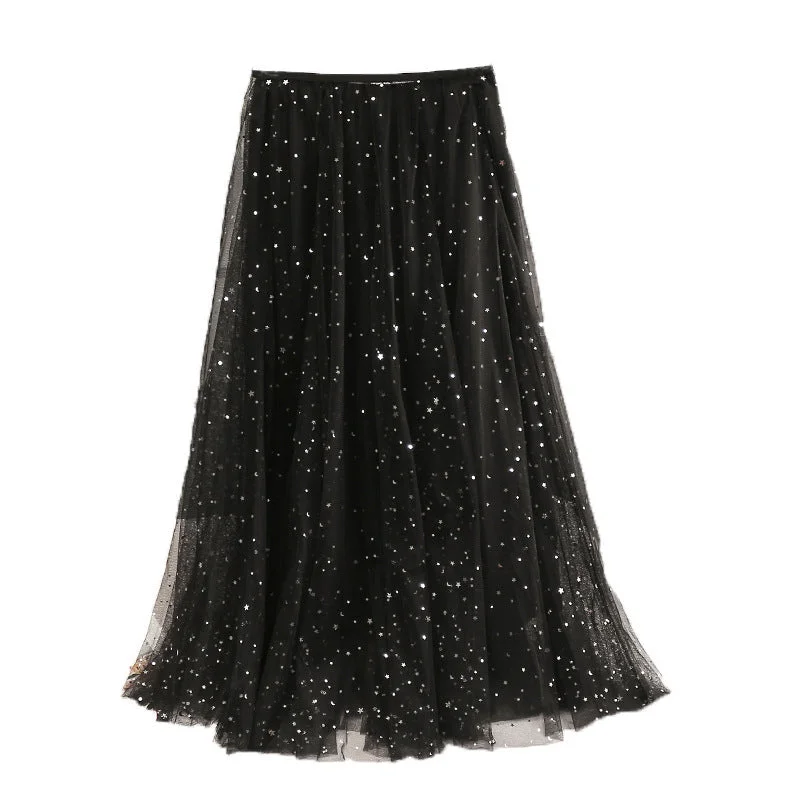 INS fairy skirt,bling starsmedium and long mesh gauze skirt  3719 chiffon skirt flowing