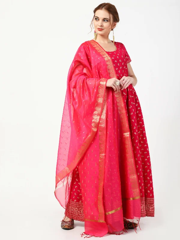 Cheera Women's Deep Pink Cotton & Silk Hand Block Print Long Dress With Silk Dupatta Set Tunics Mesh breathable