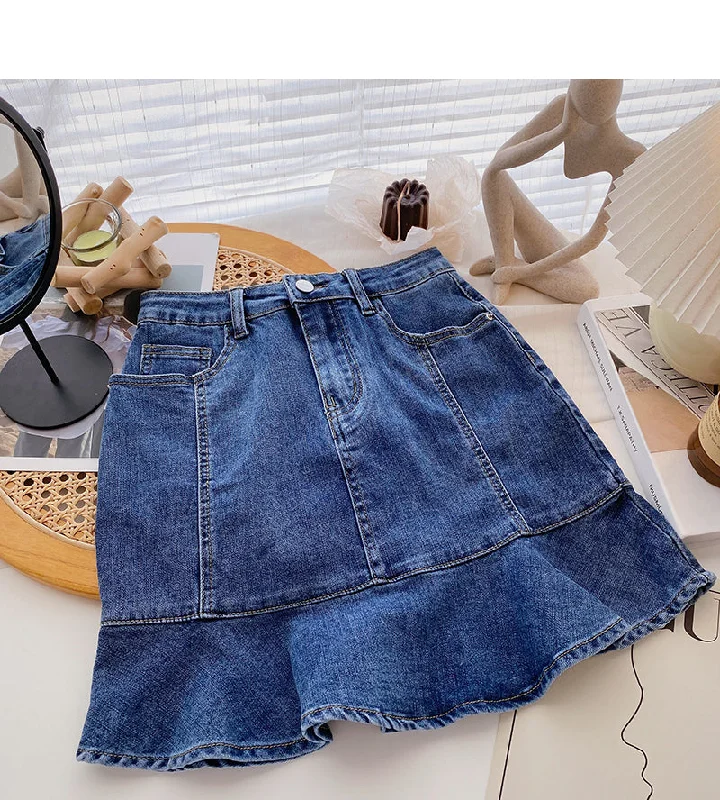 High waist denim wrap hip short skirt female fishtail skirt  5399 silk skirt lustrous