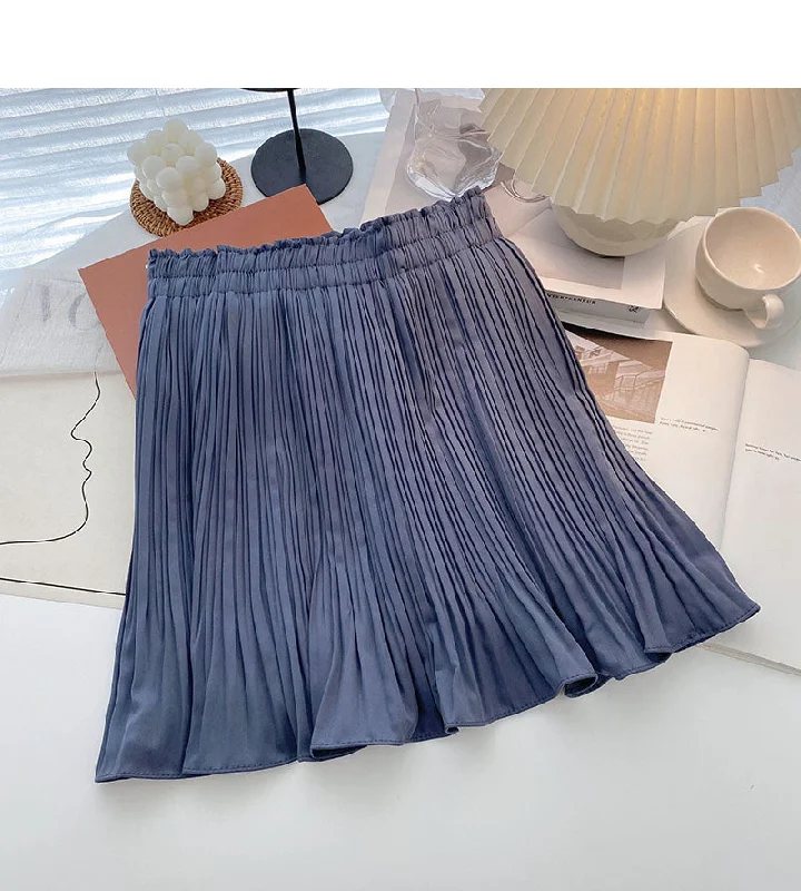 Foreign style solid color pleated high waist A-shaped skirt  5457 silk skirt smooth