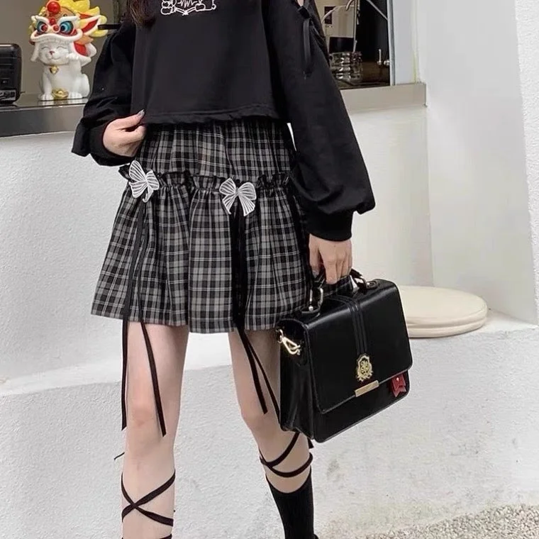 Black plaid skirt, students-loose cute cake lace skirt with bowknot  3608 cashmere skirt plush