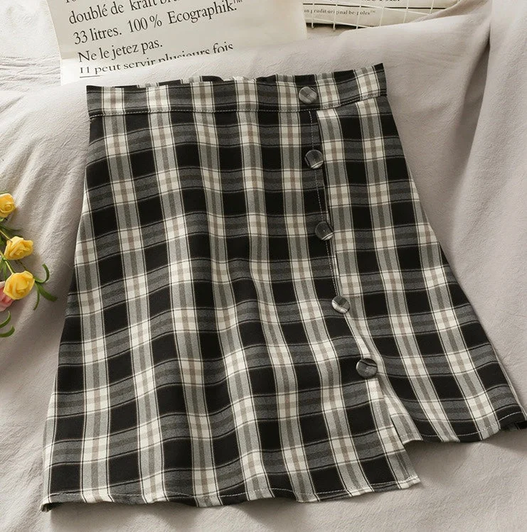 Literary, small and fresh, irregular breasted high waist A-line skirt, plaid skirt  3614 linen skirt airy