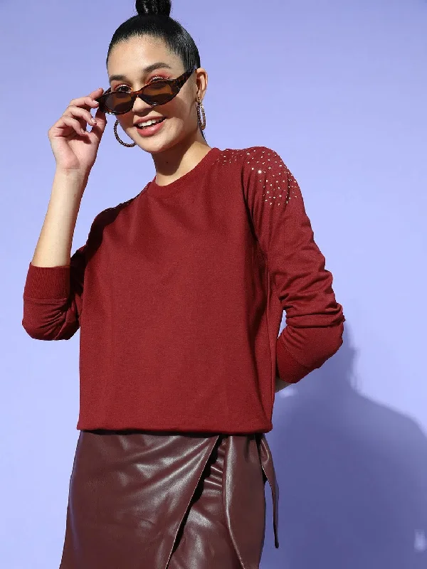 Women Maroon Shoulder Studded Terry Sweatshirt Hoodie with Hidden Zipper Minimalist Clean